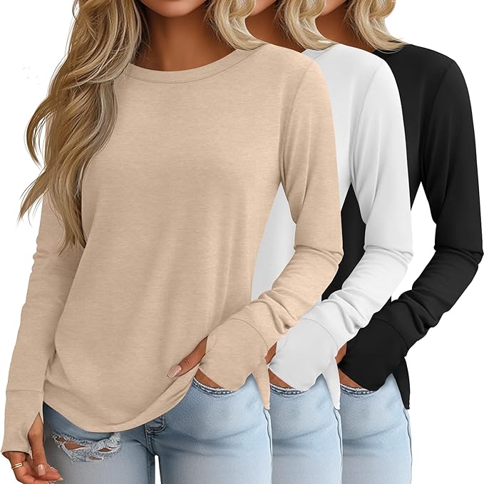 Huukeay 3 Pack Women's Long Sleeve Shirts with Thumb Holes, Cotton Casual Crew Neck Tunic Tops Fall Loose Y2k Trendy Outfits
