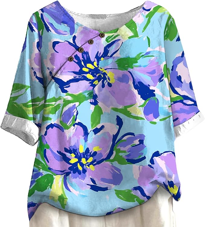 Women's Shirts Dressy Casual Asymmetric Side Button Down Design Tops Summer Loose Fit Crewneck Graphic Tees