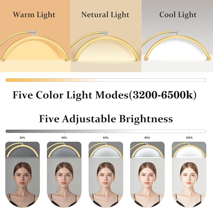 Half Moon Lash Light, LED Moon Lamp with Tool Tray for Eyelash Extensions, Nail Art, Tattoo and Skincare, Adjustable Color Temperature and Brightness (Gold)