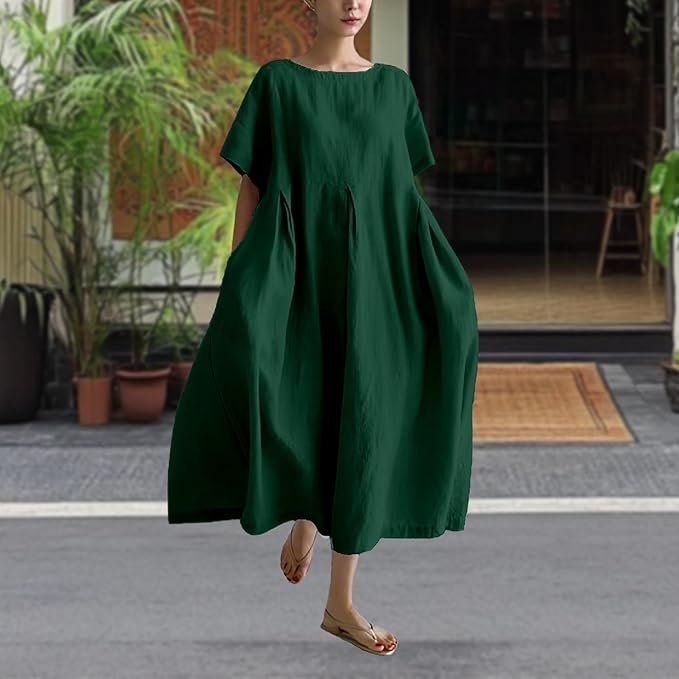 MARSVOVO Patchwork Flowy Dresses for Women Plus Size Loose Casual Tunic Dress Elegant Crewneck Maxi Dresses with Pockets