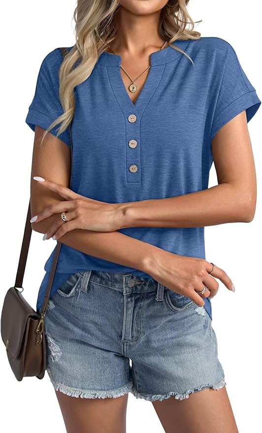 Womens V Neck Cap Sleeve Tops Summer Casual Short Sleeve Shirts Loose Fit Basic Work Tee Trendy Clothes 2025
