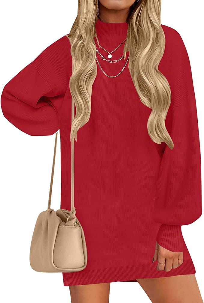 ZESICA Women's 2026 Fall Turtleneck Sweater Dress Oversized Long Lantern Sleeve Casual Knit Pullover Mini Dresses