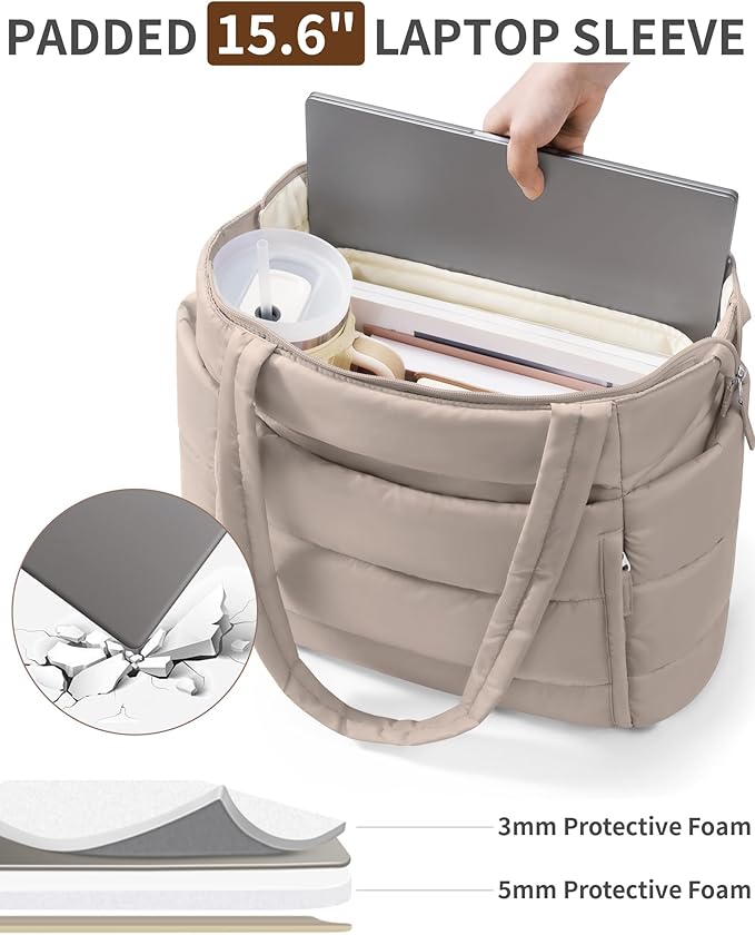 Puffer Tote Bag for Women, Lightweight Puffy Work Handbag Teacher Nurse Quilted Shoulder Bag for School Travel Gym | Quilted, with Zipper, Daily Carry On Bags, Comfy College Bags, 15.6" Laptop Sleeve, Cup Holder Pocket, Portable, Spacious