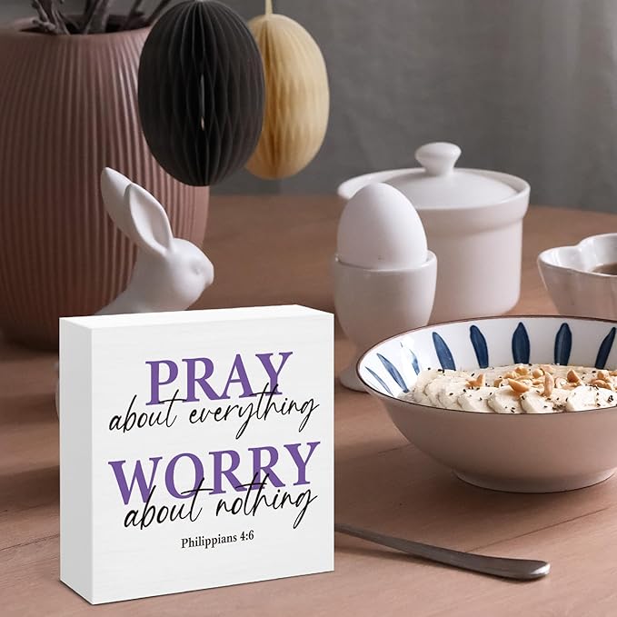 Purple Desk Decor, Christian Gifts for Women Friends, Pray About Everything Worry About Nothing Wood Sign for Home Office Prayer Room Decor