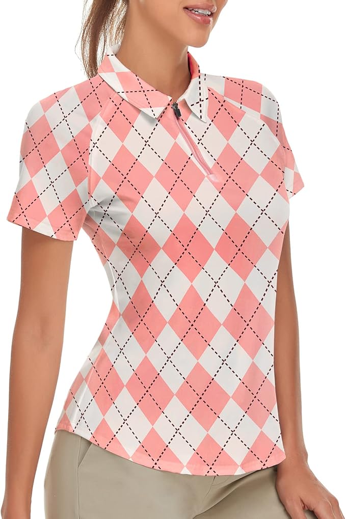 Women's Golf Shirt Short Sleeve Tennis Shirt Quarter Zip Golf Pullover Golf Polo Shirts Argyle Tops