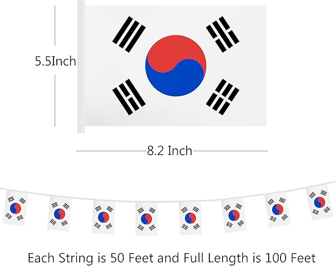 Yamiuo 100 Feet Korea String Flag, 76 Pcs Korean Banner Flag, Small Mini World Banner Flags for Sports Events, Bars Decorations, School Festivals, Party Decorations, Celebrations (Korea)