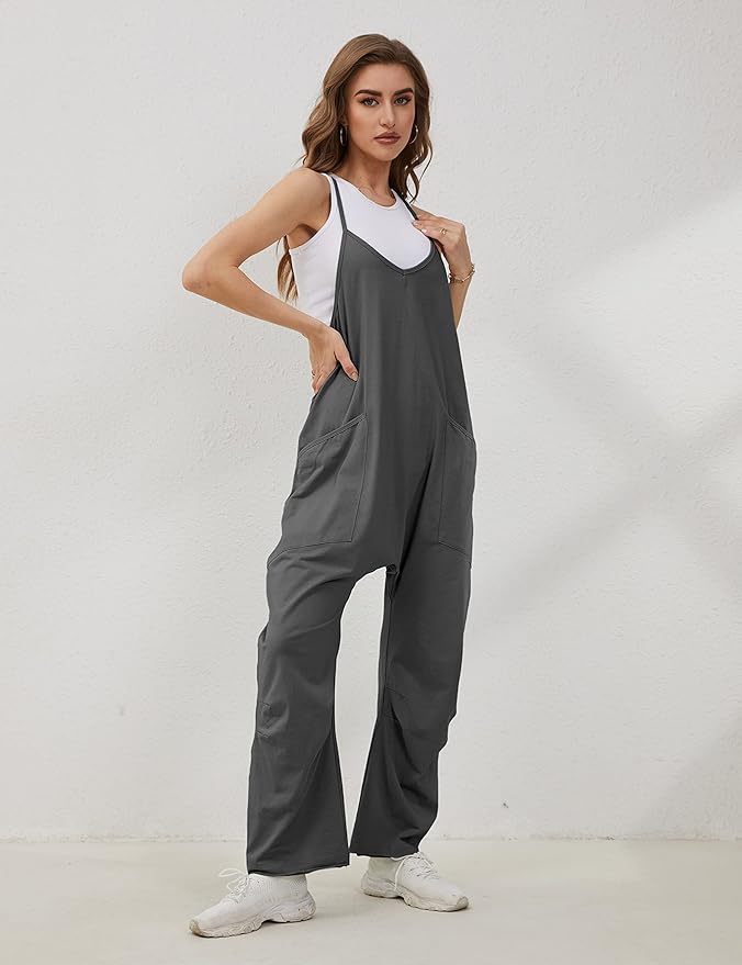 Lentta Women's Causal Jumpsuits V Neck Sleeveless Harem Overalls Stretchy Adjustable Strap Romper with Pockets
