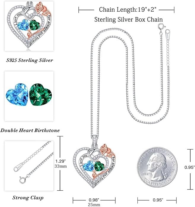 Iefil Valentines Day Gifts for Her - 925 Sterling Silver Double Birthstone Necklace, Anniversary Birthday Gifts for Women, Jewelry Gift for Wife Girlfriend Mom Her