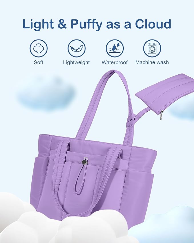 TOPDesign Puffy Tote Bag for Women with Cup Holder & Laptop Compartment & Cosmetic Bag & Trolley Sleeve for Work, Travel