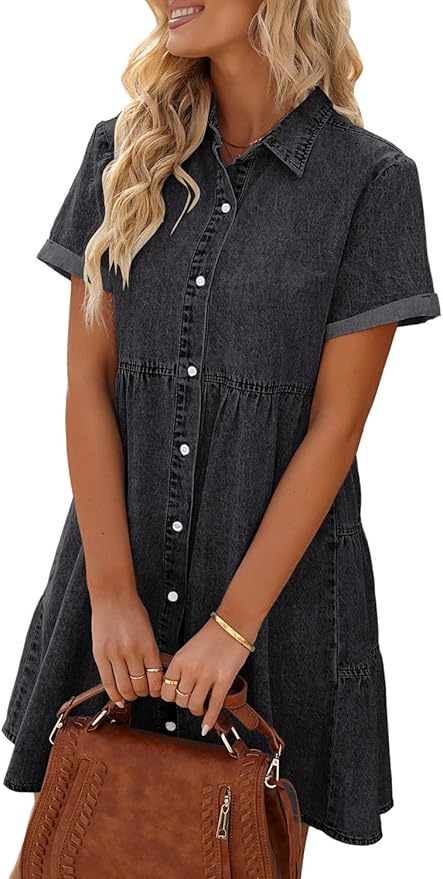 LookbookStore Women's Short Sleeve Button Down Flowy Tiered Babydoll Denim Dress