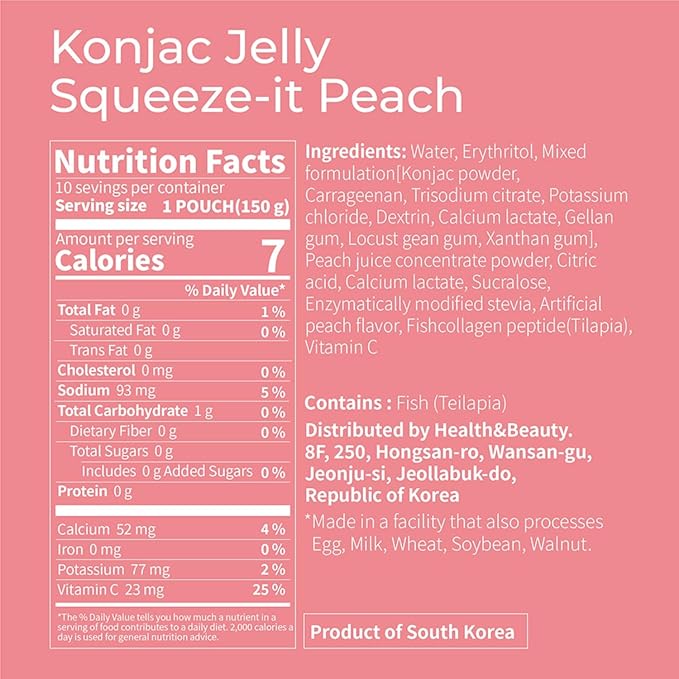 Korean Food Low Calories Squeeze Konjac Jelly, Peach Flavor, Fish Collagen, Vitamin, Zero Sugar, Chewier Texture, Health&Beauty (Net WT 5.07 oz, Pack of 10) 곤약젤리