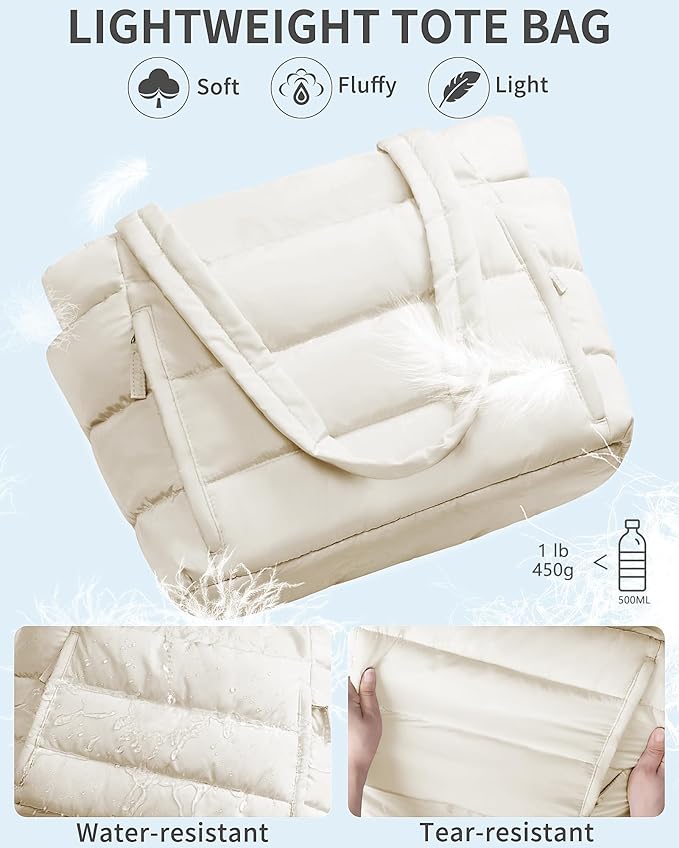 Puffer Tote Bag for Women, Lightweight Puffy Work Handbag Teacher Nurse Quilted Shoulder Bag for School Travel Gym | Quilted, with Zipper, Daily Carry On Bags, Comfy College Bags, 15.6" Laptop Sleeve, Cup Holder Pocket, Portable, Spacious