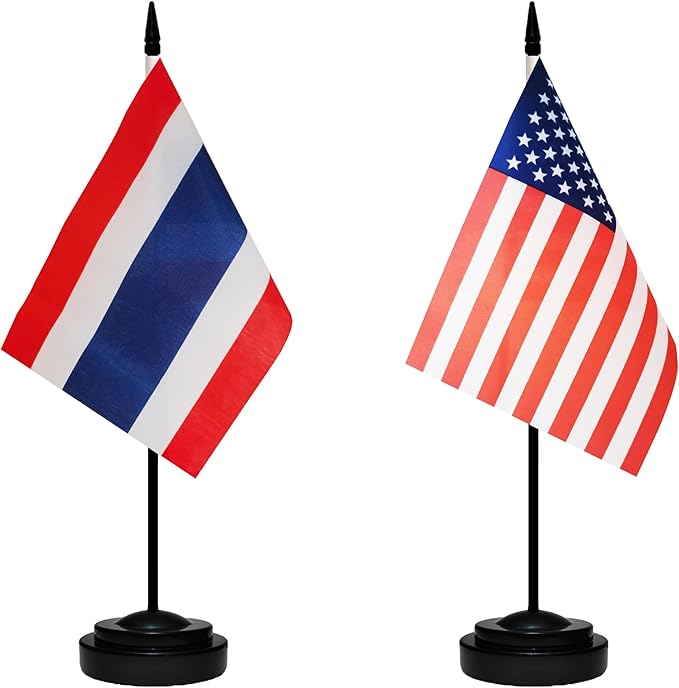 USA American & Thailand Thai Desk Flags, US Thailand Small Mini Table Office Flag, Miniature Thai and US Desktop Flag With 13" Solid Black Pole, Black Base