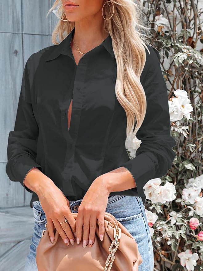 siliteelon Women's Button Down Shirts Long Sleeve Dress Shirts Wrinkle Free Collared Work Office Solid Blouses Corset Tops