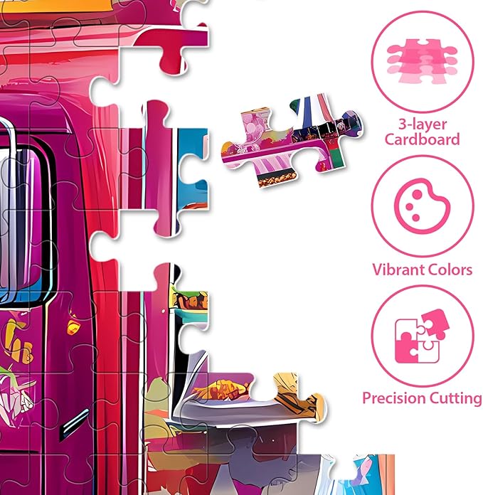 500 Piece Puzzles for Adults, Pink Burger Truck at Amusement Park Puzzle, Recycled Cardboard Jigsaw Puzzle 500 Pieces Vivid Colors, Challenging Puzzles Game Fun Gift for Teens Seniors 20.5 x 15in