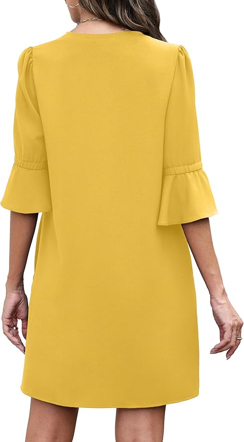 RUMIA Shift Dress for Women V Neck Ruffle Short Sleeve Loose Casual Summer Dress