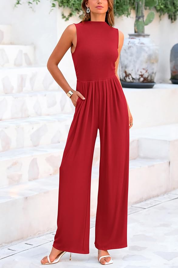 PRETTYGARDEN Womens Summer Jumpsuits Dressy Casual One Piece Outfits Sleeveless Mock Neck Wide Leg Pants Rompers with Pockets