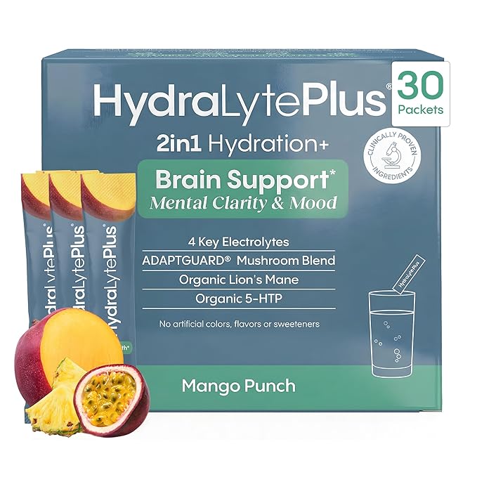 Hydralyte Brain Support - Memory & Focus | Electrolytes + Organic Lions Mane, Reishi, Cordyceps & 5-HTP | Adaptogen Drink Mix with Mushroom Powder | Support Focus and Mood (30 Pack, Mango Punch)