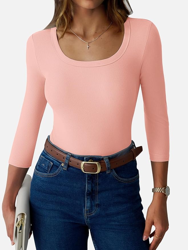 Womens 3/4 Sleeve Scoop Neck Top Ribbed Knit Slim Fitted Casual Basic Tee Shirts 2025 Fall Trendy Work T-Shirt Outfits