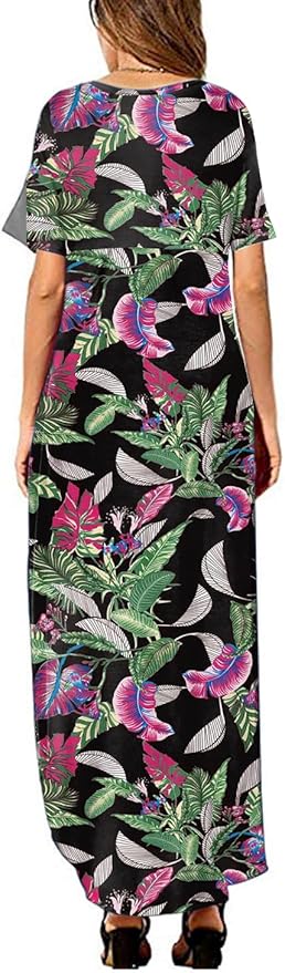 Arolina Women's Summer Maxi Dress Short Sleeve V Neck Casual Loose Long Beach Split Dresses with Pockets