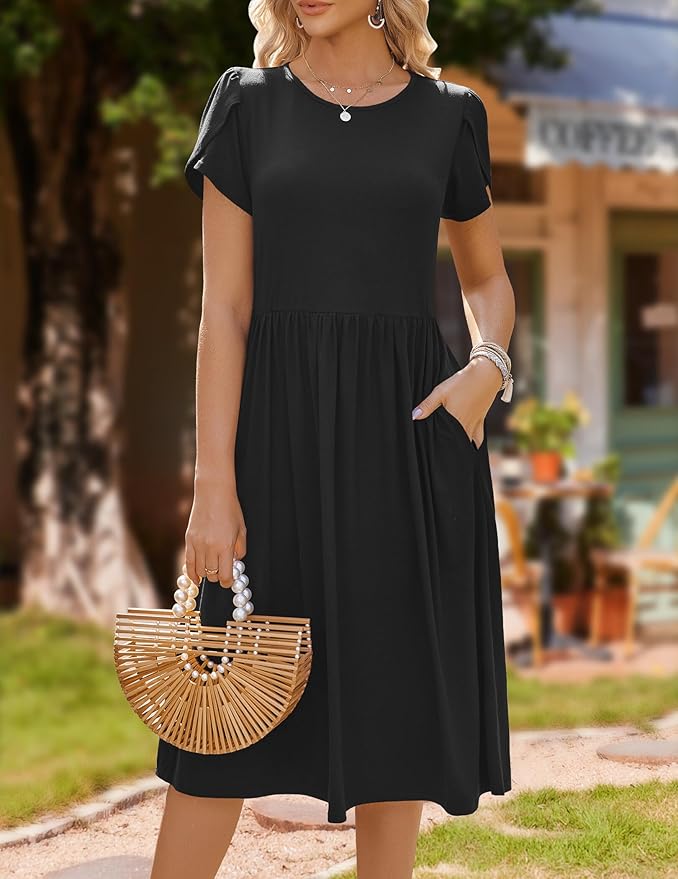 HOTOUCH Women's Summer A-Line Midi Dresses 2026 Casual Floral Short Sleeve T-Shirt Dress Flowy Beach Sundress with Pockets