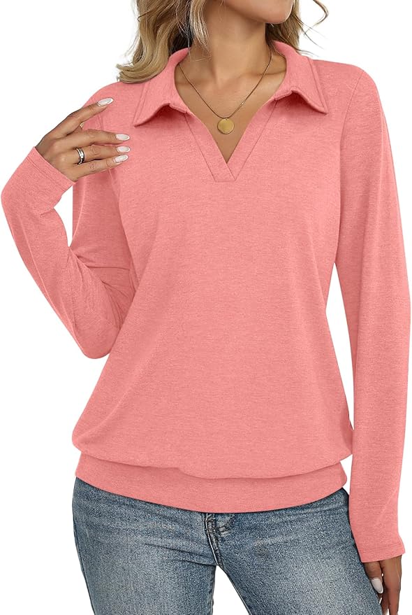 Womens Polo Shirts Long Sleeve Banded Bottom Tops Business Casual Tops Collared V Neck Blouses