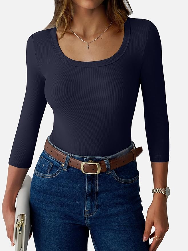Womens 3/4 Sleeve Scoop Neck Top Ribbed Knit Slim Fitted Casual Basic Tee Shirts 2025 Fall Trendy Work T-Shirt Outfits