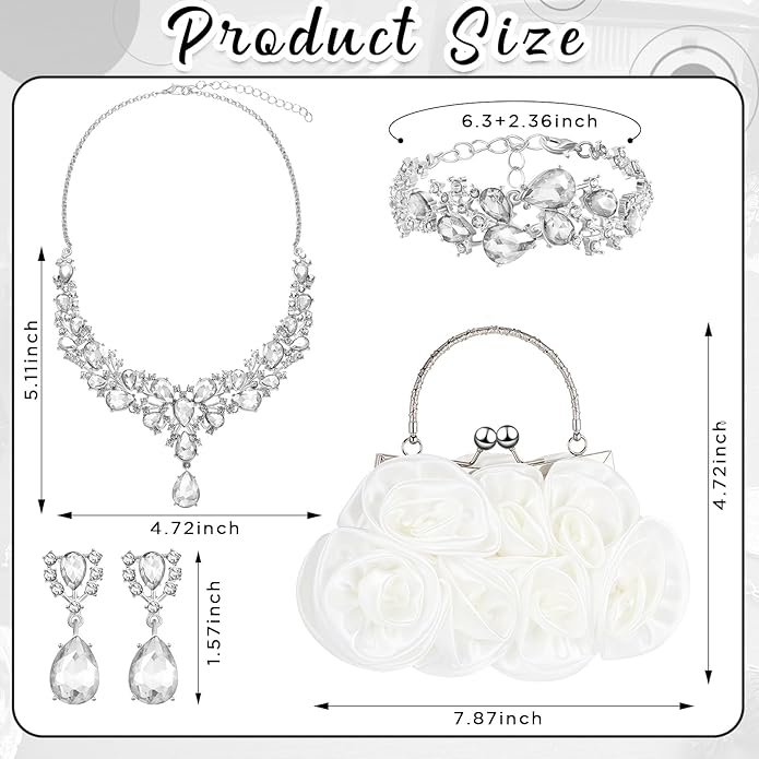 4 Pcs Flower Clutch Rhinestone Jewelry Set Rose Clutch Handbags with Detachable Strap Detachable Necklace Earrings Bracelets for Wedding Party Prom Valentine Gift