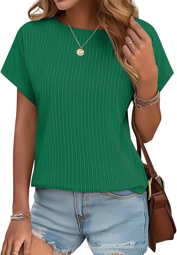 JUSTFASHIONNOW Womens Short Sleeve Blouses Business Casual Tops Crew Neck Basic Tees Textured Work Shirts Cute Office Outfits