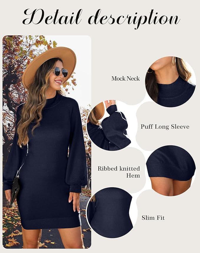 GRECERELLE 2026 Women's Mock Neck Ribbed Long Sleeve Bodycon Pullover Cute Mini Sweater Dress (XS-2XL)