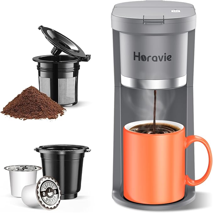 Horavie Small Single Serve Coffee Maker, Fast Brew One Cup Coffee Machine for K Cup and Grounds, 6 to 12 oz. Brew Sizes, Capsule Coffee Machine with Descaling Reminder and Viewing Tank, Grey