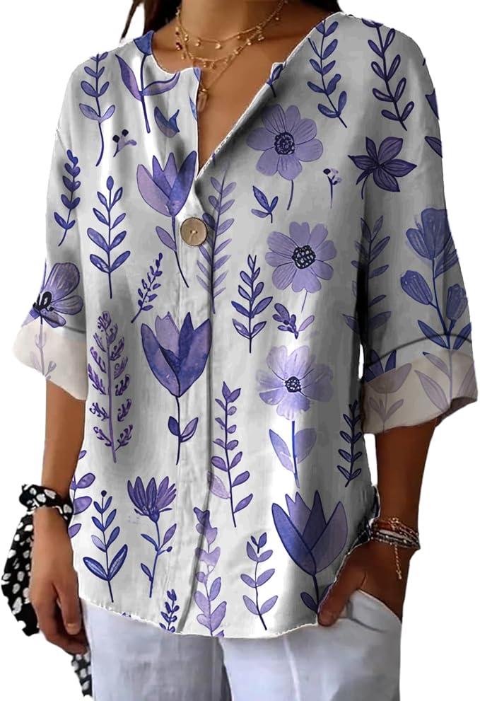 Long Sleeve Shirts for Women V Neck Button Boho Graphic Blouses Casual Collared Fashion Summer Flowing Tops