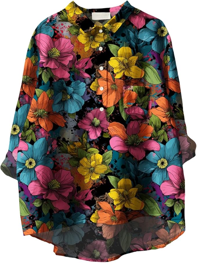 Womens Boho Tops 3/4 Long Sleeve Floral Blouses Hawaii Beach Button Down Shirts V Neck Pullover Casual Tunics