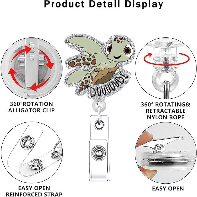 Turtle 2pack Badge Reels Retractable Funny Cute Badge Holder with Badge Reel ID Clip Name Tag Card Tag Card Badge Clip Acrylic Accessories Gifts Nurse