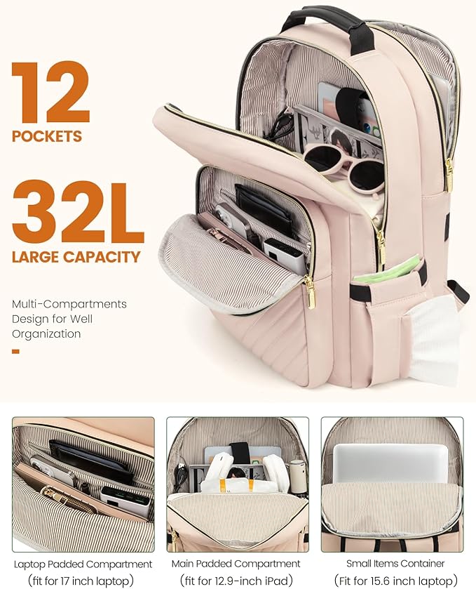 LOVEVOOK Laptop Backpack for Women, Travel Computer Work Bags with 17-inch Laptop Compartment, College School Student Bag Teen Backpacks For Girls, Outdoor Carry On Backpack Purse, Antiquewhite