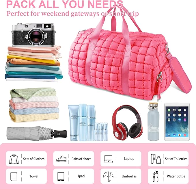 Quilted Travel Duffle Bag Gym Bag for Women,Large Puffer Duffle Weekender Bag with Compartment,Workout Overnight Carry on Organizer Bag Duffle Bag for Airplane Travel(L-Pink)