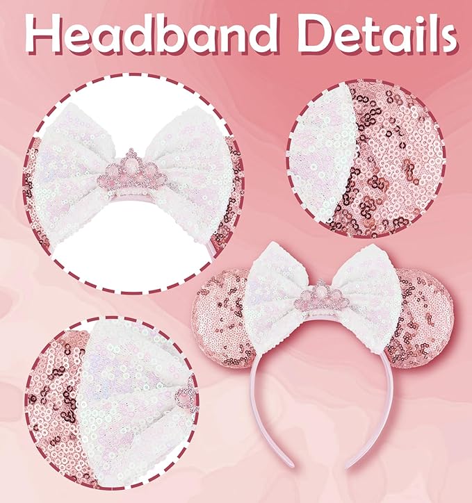 LIHELEI Mouse Ears Headband for Princess, Pink Minnie Ears for Women Halloween Costume, Sequin Bows Headwear Hair Accessories for Women - Pink