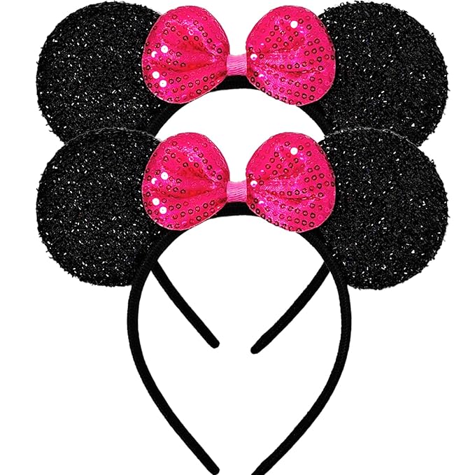 MADO 2 pack mouse ears headbands for adults women little girls boys (sparkle fuchsia, onesize)