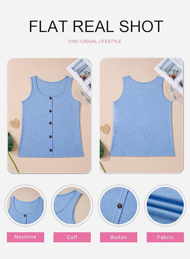 SHEWIN Womens Tank Tops Solid Button Crewneck Sleeveless Summer Tops Loose Fit