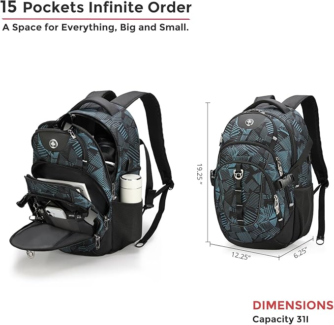 Swissdigital Laptop Backpack with USB Charging Port, Travel Backpack Fits 15.6 inches Computer, 31L Backpack for Men, Dark Green | SD803-96