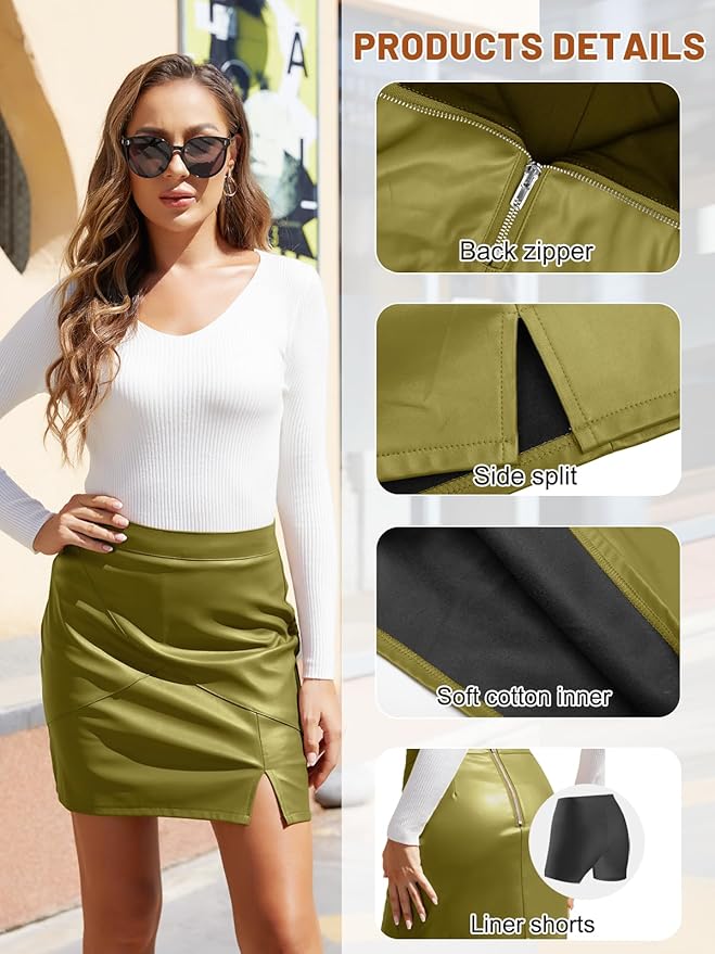 We1Fit Womens Fuax Leather Skirt High Waisted Bodycon Pencil Mini Skirts with Shorts