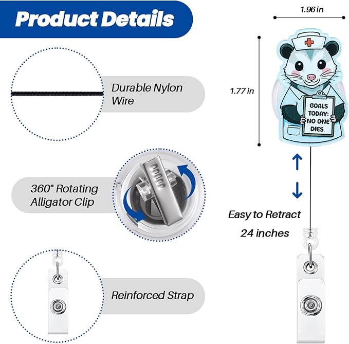 Goals Today: No One Dies Opossum Funny Nurse Badge Reel, Cute Retractable ID Medical Work Badge Holder, Name Tag Badge Buddy for RN MA PCA CNS Critical Care Nurse ED CCM Onc NICU ICU Student Doctor