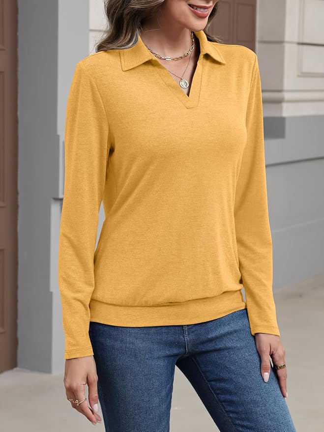 Womens Polo Shirts Long Sleeve Banded Bottom Tops Business Casual Tops Collared V Neck Blouses