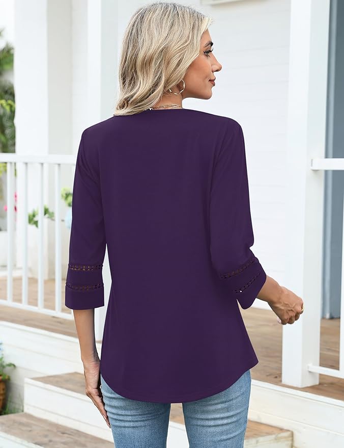 Ivicoer 3/4 Length Sleeve Womens Tops V Neck Lace Embroidered Summer Blouses Loose Fit Tunic Dressy Casual