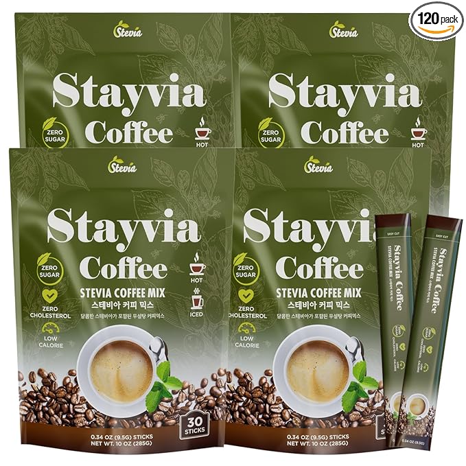 STAYVIA COFFEE Stevia Instant Coffee Packets - Korean Instant Latte with Sugar-Free & Low Calories - 120 Sticks (0.33oz) - Plant-Based Sweetener - Enjoy Caffeine Hot & Cold at Office, Home & Travel