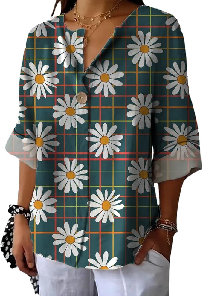 Long Sleeve Shirts for Women V Neck Button Boho Graphic Blouses Casual Collared Fashion Summer Flowing Tops
