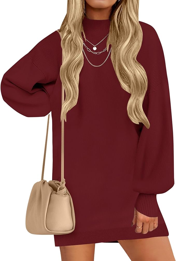 ZESICA Women's 2026 Fall Turtleneck Sweater Dress Oversized Long Lantern Sleeve Casual Knit Pullover Mini Dresses