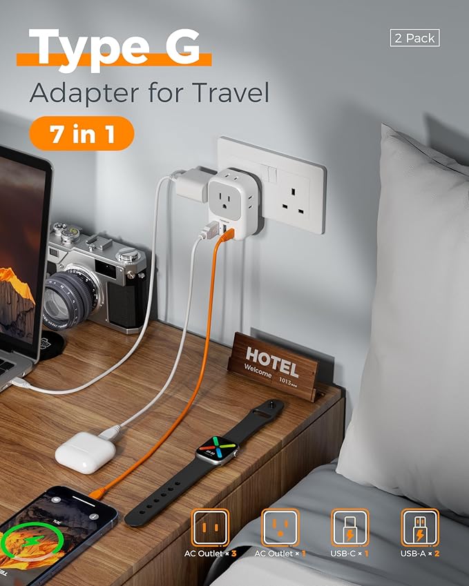 UK Adapters for Travel 2 Pack, TESSAN Type G US to UK Plug Adapter with 4 Outlets 3 USB Charger(1 USB C Port), Power Adaptor for USA to Ireland Scotland Dubai Hong Kong England British Kenya London