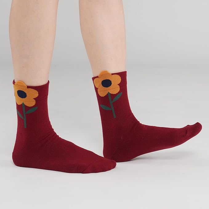 Kikiya Women's Cotton Crew Socks - Cute Flower Graphic Polka Dot Striped Heart Patterned - Ladies Girls Casual Socks Size 6-8