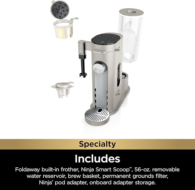 Ninja Pod & Grounds Specialty Single-Serve Coffee Maker, K-Cup Pod Compatible, Brews Grounds, Compact Design, Built-In Milk Frother, 56-oz. Reservoir, 6-oz. Cup to 24-oz. Mug Sizes, Stone, PB051ST
